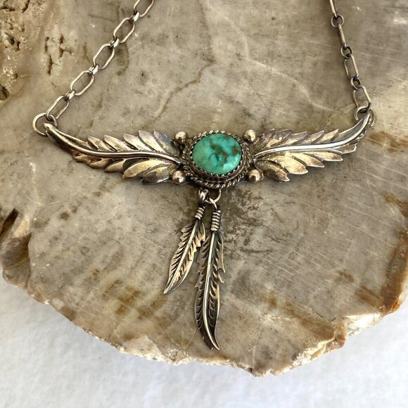 VTG Sterling Silver 925 H. Spencer Navajo Turquoise Leaf Feather Necklace 20.5" - Picture 4 of 16
